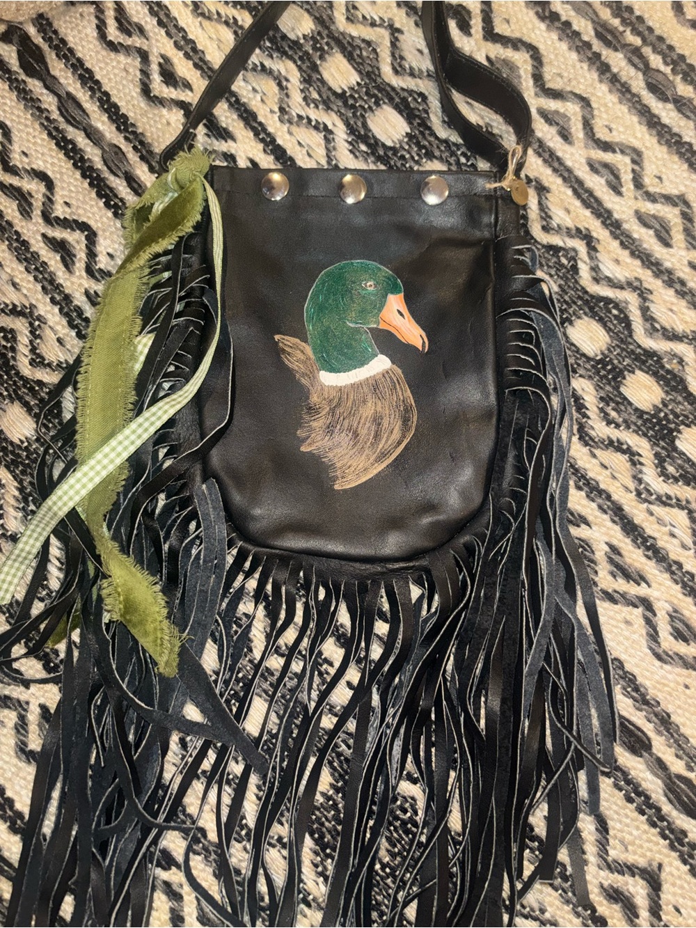 Black Fringe Crossbody Bag with Hand-Painted Duck